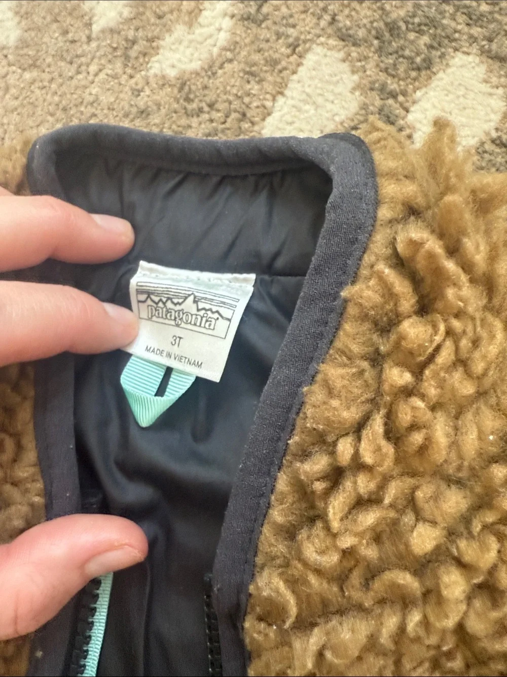 Patagonia Brown Sherpa Fleece Vest with Teal Accents